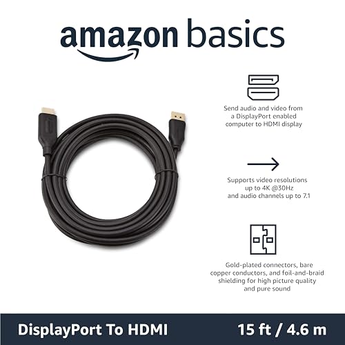 Amazon Basics DisplayPort to HDMI Cable, Uni-Directional, 4k@30Hz, 1920x1200, 1080P Full HD, Gold-Plated Plugs, 15 Foot, Black (Pack of 2) - size: 15 Feet (Pack of 2), style: 1-Pack