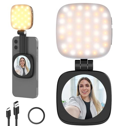 NEEWER BASICS Magnetic Selfie Light Compatible with MagSafe iPhone,CRI95 700lx/0.3m Folding LED Phone Fill Ring Lighting with Mirror for Zoom Makeup Photography Recording Video Conference, Black NL48B