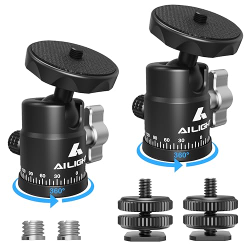 Ailight Mini Ball Head, 360° Panoramic Tripod Head, Universal 1/4" to 3/8" Screw Adapter Swivel Mini Ball Head Screw Tripod Mount, Dual Cold Shoe Mount for DSLR Cameras Camcorder（2 Pack - size: 2 pack