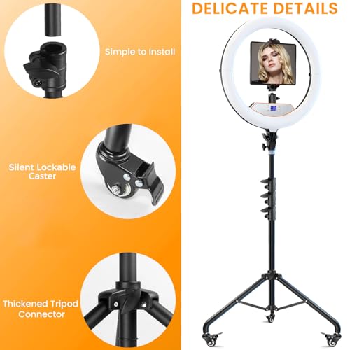 22" Foldable Ring Light with Stand 75" Tripod & Lockable Wheel/LED Display, for Live Tattoo Makeup Video Recording Barber Photography - size: 22 inch