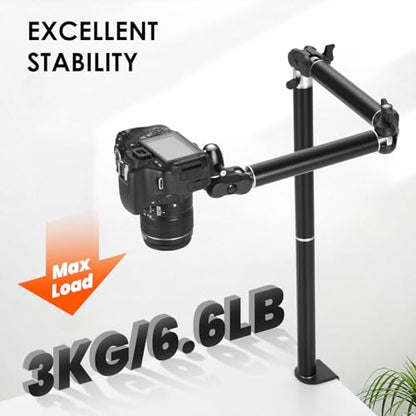 TARION Overhead Camera Desk Mount with Clamp Ballhead 3/8'' 1/4'' Screw | 6.6lbs Load Capacity, Flexible Gear Joints for Camera Light Projector, Overhead Shooting, Live Streaming TKA01-L