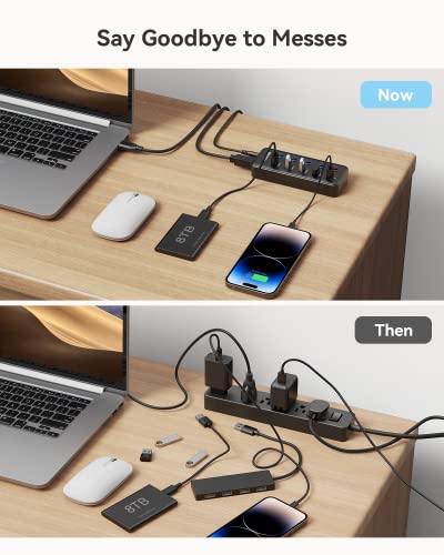 Powered USB Hub, Wenter 5 Ports USB 3.0 Hub (4 Data Transfer Ports+ 1 Smart Charging Port) with Individual LED On/Off Switches, USB Hub 3.0 Powered with 15W Power Supply for PC, MAC
