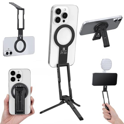 K&F CONCEPT PT02 7mm 59g Magnetic Phone Stand, Foldable Selfie Stick for iPhone, Dual-Sided Magnets Mini Tripod Pocket Cell Phone Stand with Hook, Compatible with iPhone 17-12 Series Android Phones - color: Black