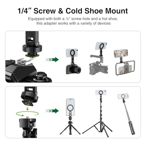 elitehood Magsafe Tripod Mount Adapter with 1/4” Screw & Hot Shoe, Lightweight Compact Cell Phone Tripod Mount for Camera, iPhone Camera Holder with Dual Hinges for iPhone 17 16 15 14 13 Series - size: 2.5 inches arm with Cold Shoe Base