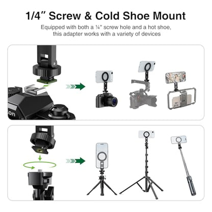 elitehood Magsafe Tripod Mount Adapter with 1/4” Screw & Hot Shoe, Lightweight Compact Cell Phone Tripod Mount for Camera, iPhone Camera Holder with Dual Hinges for iPhone 17 16 15 14 13 Series - size: 2.5 inches arm with Cold Shoe Base
