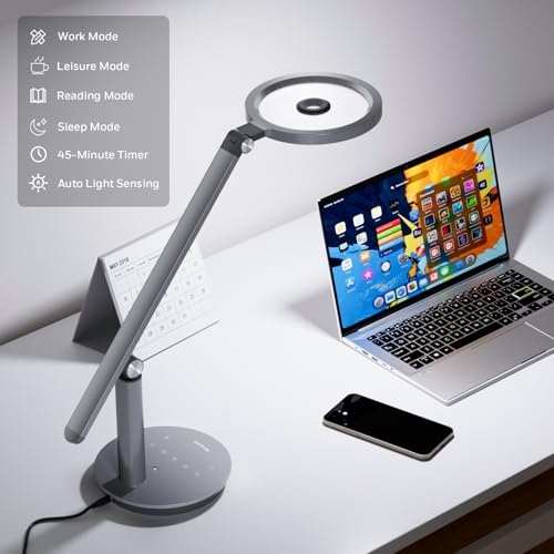 Honeywell Desk Lamp for Home Office, H6 Sunturalux™ Eye-Caring Led Desk Light, 800LM Dimmable Desk Lamp with Timer, Touch Control Tall Desk Reading Light, Table Lamp for Circle Webcam, Study, Bedroom - color: Gray