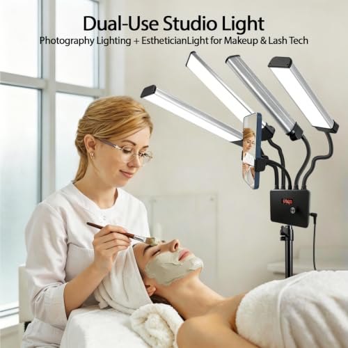 Selfie Light with 75'' Tripod Stand, Dimmable 3 Color Four Arms LED Tattoo Light with Phone Holder & Carry Bag, LED Light for Lash Tattoo Video Photography Live Stream, 80W 95CRI Floor Lamp