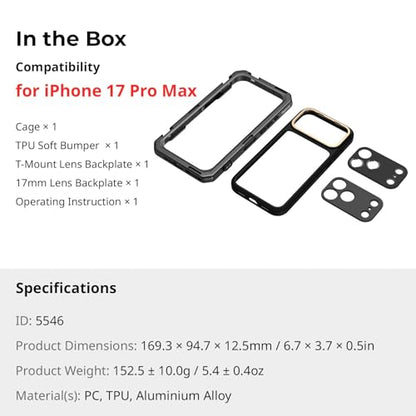 SMALLRIG Mobile Video Cage for iPhone 17 Pro Max, Case with T-Mount Lens Backplate and 17mm Threaded Lens Backplate, TPU Soft Frame, for Video Shooting and Live Streaming, Basic Edition - 5546 - style: Basic Cage