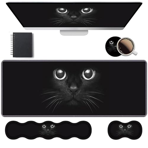 Ergonomic Keyboard Wrist Rest & Mouse Pad Wrist Rest Set, Large XXL Gaming Desk Mat 31.5"x 11.8" with Memory Foam, Easy Typing Pain Relief for Office & Home, Cute Black Cat Face - color: Cute Black Cat Face