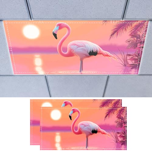 Nuxovilar Magnetic Fluorescent Light Covers 24 * 48 inch Polyester Fabric 2pcs Ceiling Diffuser Panels Glare Reduction Filters Classroom Office Home (Pink Flamingo Sunset Tropical Pattern) - color: CC01568-2pcs
