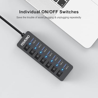 Powered USB Hub 4ft Cord for PC, 7 USB3.0 Data Ports and 1 Smart Charging Port with Power Adapter & Individual Switches for MacBook Pro/Air/Neo Laptop Desktop Computer Mini PC