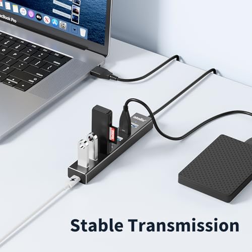 atolla Aluminum 7-Port USB 3.0 Hub with 1m Extension Cable - 5Gbps High-Speed Data Transfer for MacBook Pro, Laptop, PC, Gaming Setup - color: Black