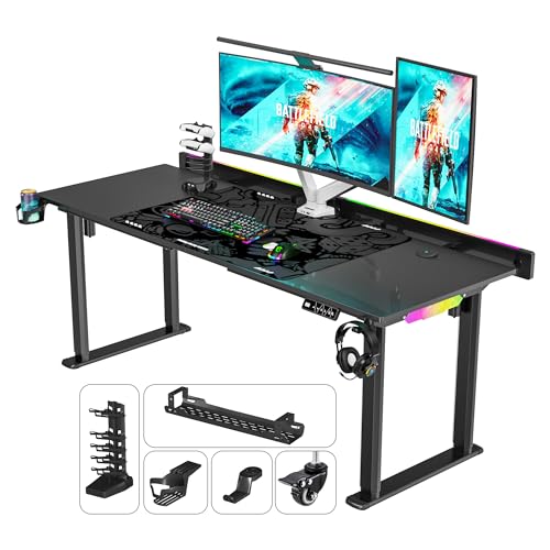 JWX 4 Legs Standing Desk with Dual Motor, Flip-up Cable Management Design with Acrylic Led Light - size: Flip Up -Black