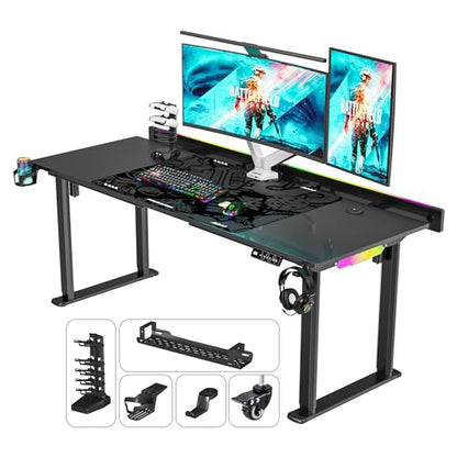 JWX 4 Legs Standing Desk with Dual Motor, Flip-up Cable Management Design with Acrylic Led Light - size: Flip Up -Black