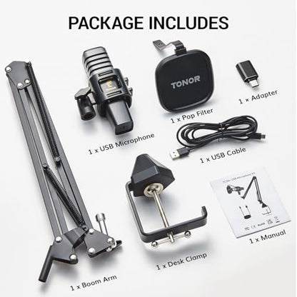 TONOR USB Microphone Kit, PC Podcast Recording Cardioid Condenser Computer Mic Set for Gaming, Streaming, Singing, Voice Over, YouTube, Studio Mic Bundle with Adjustable Arm Stand, TC30+