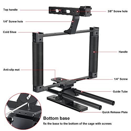 Universal Aluminum Alloy DSLR Mirrorless Camera Camcorder Stabilizer Extension Cage Mount for Mic Monitor Light, Movie Making Rig YouTube Tiktok Vlogging Video Kit w/Phone Holder for Canon Sony Nikon