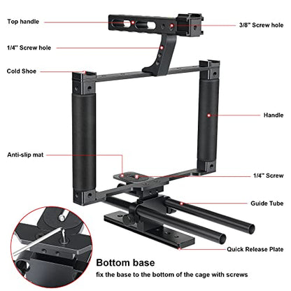 Universal Aluminum Alloy DSLR Mirrorless Camera Camcorder Stabilizer Extension Cage Mount for Mic Monitor Light, Movie Making Rig YouTube Tiktok Vlogging Video Kit w/Phone Holder for Canon Sony Nikon