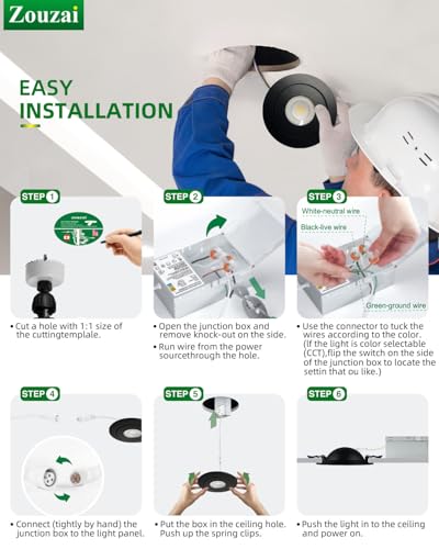 zouzai 4 Inch Gimbal LED Recessed Lights, Black, 1 Pack, with Junction Box, 360°+ 90° Adjustable, 5CCT 2700K-5000K, Dimmable, Canless Eyeball Downlight, CRI90+, 980LM 10W 120V, ETL - color: Black-4 inch, size: 1 Pack