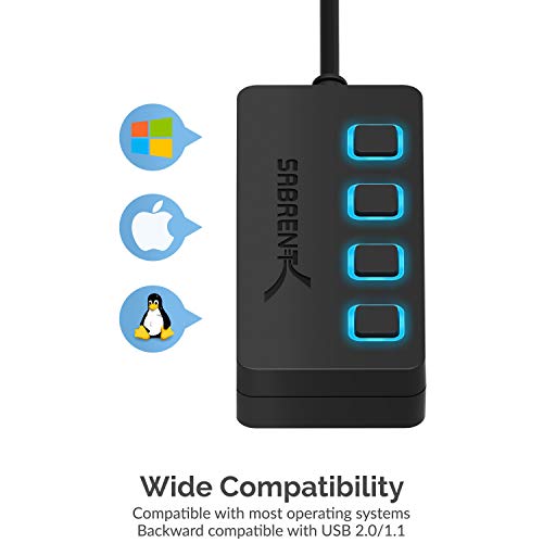 SABRENT 4-Port USB 3.0 Hub with Individual LED Power Switches - Slim, Portable Design - 2 Ft Cable - Fast Data Transfer - Compatible with Mac & PC (HB-UM43) - color: Black