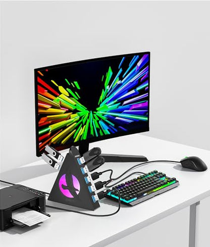 7 Port USB Hub, USB 3.0 Data Hub with 2 ft Long Cable,RGB Night Light,Multi Port Gaming Hub for PC, Laptop, Flash Drive, Keyboard, Mouse, Console, Xbox, PS4/PS5, iMac, Flash Drive, HDD - color: 6-Egale Black