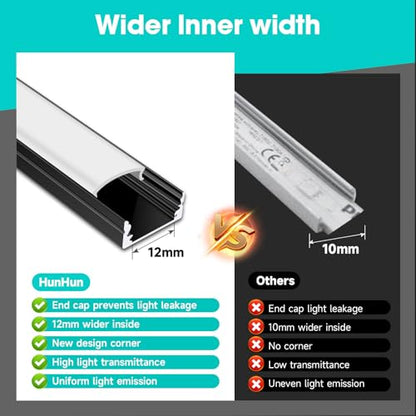 hunhun 20-Pack 6.6ft/2Meter U Shape Black LED Aluminum Channel System with Milky Cover, End Caps and Mounting Clips, Aluminum Channel Profile for LED Strip Light Diffuser Installations (20pack*6.6ft) - size: 20pack*6.6ft(Black)