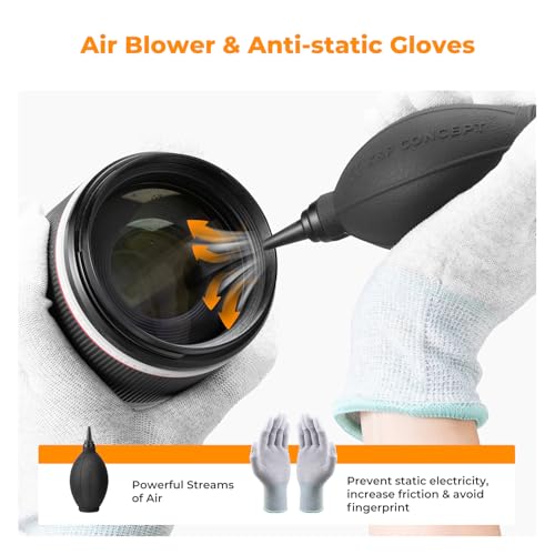 K&F CONCEPT 32-in-1 Camera Lens Cleaning Kit for DSLR Camera Lens Filter with Cleaning Pen+Air Blower+Cleaning Cloth*2+Full-Frame Swab*10+Cleaning Wipes*10+Vacuum Cleaning Cloth*6+Anti-Static Gloves