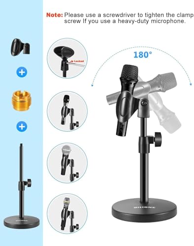 BILIONE 3 in 1 Multi Function Desktop Microphone Stand, Adjustable Table Mic Stand with Microphone Clip, Cell Phone Clip, 5/8" Male to 3/8" Female Metal Adapter - size: 101S