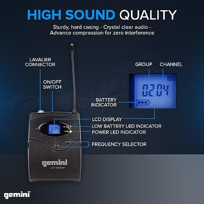 Gemini UHF Dual Headset & Lavalier Wireless Mic System (UHF-6200HL) | Dual UHF headset & lavalier mics, 512-537.5 MHz - auto SYNC pairing - 2 XLR outs + 1/4" summed mix out - LCD, 1U rack mount - style: Dual Lapel Mic