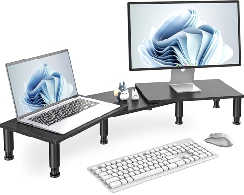 AX WABER Dual Monitor Stand Riser, Monitor Stand with Adjustable Height Steel leg, Wood Monitor Stand for Desk, Monitor Riser for 2 Monitors with Storage Space Black - color: Black
