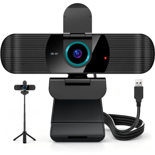 Pro QHD 2K/60fps Webcam with Tripod, External USB Camera for PC/Laptop | Dual noise-cancelling mics | Auto-focus | Wide-angle | Low-light correction | 360° rotation | CMOS sensor | Plug and Play - style: 2K | 60fps | USB Cable | Tripod Included