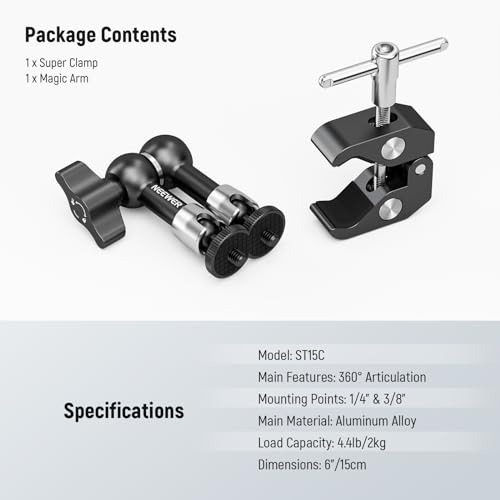 NEEWER 6"/15cm Adjustable Magic Arm with Super Clamp, 1/4" & 3/8" Threads, 1/4" Screws for Flash/LED Light/Microphone/Monitor, Compatible with SmallRig Camera Cage, Max Load: 4.4lb/2kg, ST15C - style: 6"/15cm w/Clamp