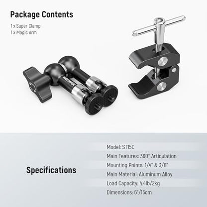 NEEWER 6"/15cm Adjustable Magic Arm with Super Clamp, 1/4" & 3/8" Threads, 1/4" Screws for Flash/LED Light/Microphone/Monitor, Compatible with SmallRig Camera Cage, Max Load: 4.4lb/2kg, ST15C - style: 6"/15cm w/Clamp