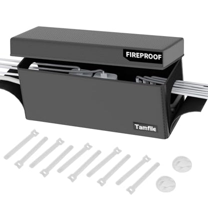 Tamfile Cable Management Box, Fireproof Foldable Cord Organizer and Cover | Heat Resistant Large Power Strip Organizer for TV Wires, Computer and USB Hub with Cable Clips & Reusable Cable Ties, Black