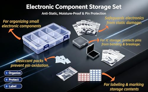 Electronic Component Storage Organizer Protection Kit | Anti-static & Moisture-proof Kit with Storage Boxes, ESD Bags, Desiccants & Labels, Ideal for Electronics Hobbyists