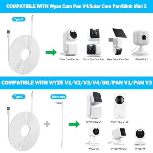 2 Pack 10FT Power Extension Cable Compatible with Wyze Cam v4/v3/OG,Wyze Cam Pan v3/v4,Blink,eufy,NestCam Indoor,Amazon Cloud Camera,USB A to USB C (White) - color: White
