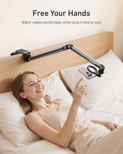 TELESIN Magnetic Phone Holder for Desk and Bed - Strong Magnetic - Tablet Stand Holder with Long Arm - 360° Freely Adjustable Rotation Base - Upgraded Silicone Clamp for iPhone, Android & IPad Series