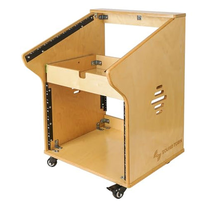 Sound Town DIY Solid Baltic Birch Plywood Recording Studio Rack, Audio Equipment Rack with 11U Slant Mixer Top, 8U Front, 2U Drawer, Rubber Feet, Casters, Golden Oak (SDRK-M11X8) - size: 8U,Golden Oak