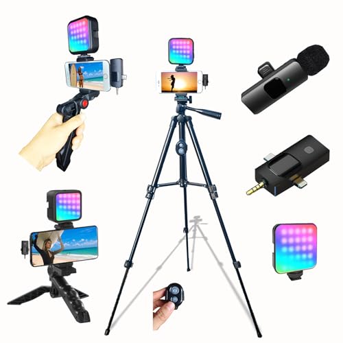 for iPhone Vlogging Kit, Vlogging Kit for Andriod Phone with Two Tripods RGB Light Lavalier Microphone Remote for YouTube Tiktok Content Creator - size: With Wireless Mic