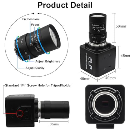 USB Camera 16 Megapixes High Resolution 5K USB Webcam with CS Mount 5-50mm Manual Varifocus Lens Close UP OpenCV Camera Free Driver Plug and Play for Windows Linux Laptop Jetson Nano