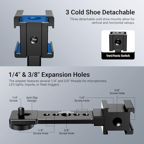 NEEWER Triple Cold Shoe Mount Plate for Mic LED Light, Metal Extension Bracket Microphone Stand Rig 1/4" 3/8" Compatible with DJI OSMO Mobile Zhiyun Feiyu Vimble Hohem Phone Gimbal Stabilizer, CA173