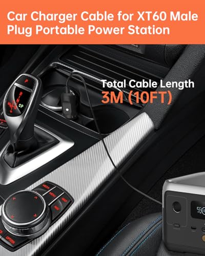 3M(10FT) 12V/24V Car Charging Cable to XT60 Connector, 14 AWG Cigarette Lighter Charger, Compatible with Anker SOLIX C300/C1000/F2000, EcoFlow Delta 2, BLUETTI AC2A Power Station, Black - color: Black