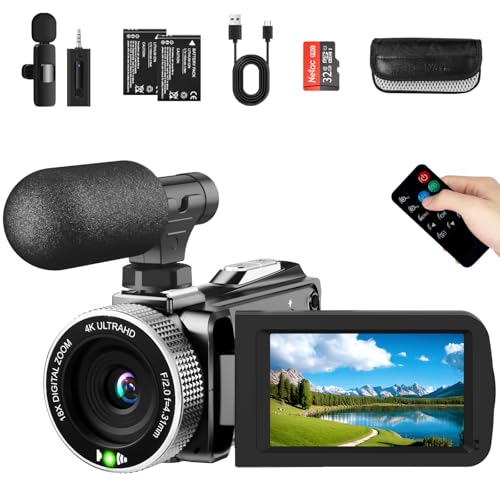 4K Video Camera Camcorder 48MP 60FPS UHD for YouTube Vlogging 18X Digital Zoom 3" IPS 270° Flip Screen Video Camcorder with Wireless Lavalier Microphone, 32GB SD Card, 2 Batteries and Remote Control
