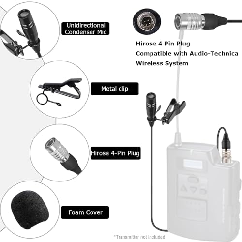 Lavalier Lapel Microphone Unidirectional Condenser Super Cardioid Mic Compatible with Audio-Technica Wireless Bodypack Transmitter System with Hirose 4 Pin Plug - style: Hirose 4 Pin Plug Compatible with Audio-Technica