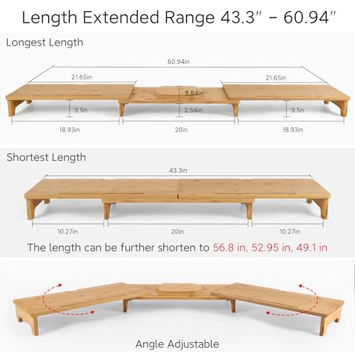 Nnewvante Monitor Stand Riser, 60 inch Large Bamboo Dual Monitor Stand for Desk, 3 Shelves Desktop Screen Riser with Adjustable Length Angle for Computer Laptop PC