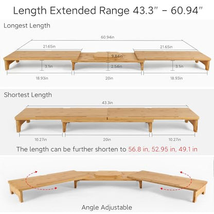 Nnewvante Monitor Stand Riser, 60 inch Large Bamboo Dual Monitor Stand for Desk, 3 Shelves Desktop Screen Riser with Adjustable Length Angle for Computer Laptop PC