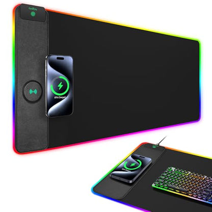 Mouse Pad with Wireless Charging, RGB Gaming Desk Mat, Large XXL Desk Pad, 15 Lighting Modes, Ultra-Smooth Surface, Non-Slip Mouse Mat, Waterproof Computer Keyboard Pad for Gamer, 800x400x4MM, Black - color: Rgb - 31.5"x15.7" (Magnetic Charging)