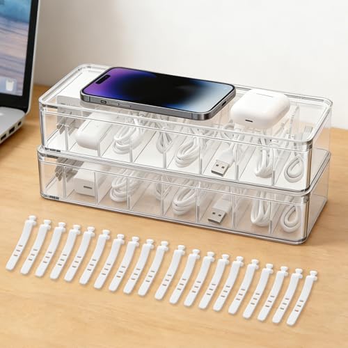 2 Pack Cable Organizer Box with Lid - Stackable Charger Cord Storage Organizer with 20 Wire Ties - Adjustable Compartments Phone Cables Wire Management Box for Drawer Desk Office Home Accessories - size: 2 Pack