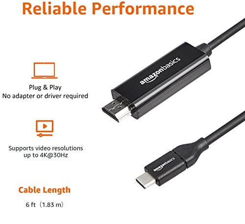 Amazon Basics USB-C to HDMI Cable Adapter, Thunderbolt 3 Compatible, 4K@30Hz, Plug and Play, 6-Foot, Black