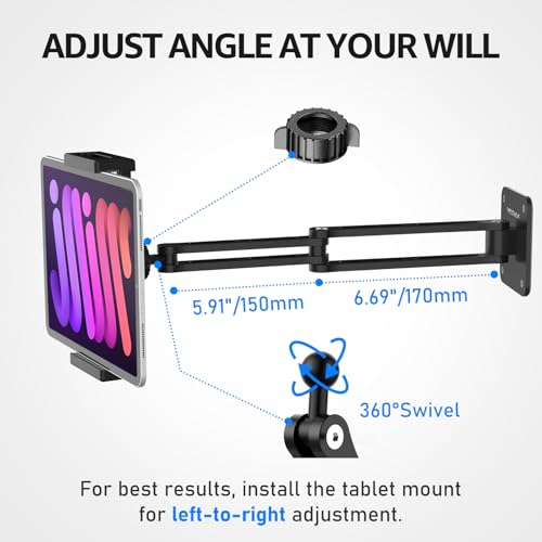 Urmust Dual Arm Tablet Wall Mount Ipad Holder, 4.7-13" | 360° Rotation Adjustable, Aluminum Extendable Arm, For iPad mini/Air/Pro/Galaxy Tab/Kindle, Kitchen Home Office - size: 2 Arm-Up to 13"