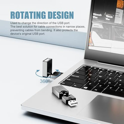 BERLAT Swivel USB 2.0 Adapter, 2 Pack Rotatable USB 2.0 Type A Male to Type A Female 360 Degree Rotation Adjustable Right Angle Extension Adapter Convertor (Black, AM-FM)